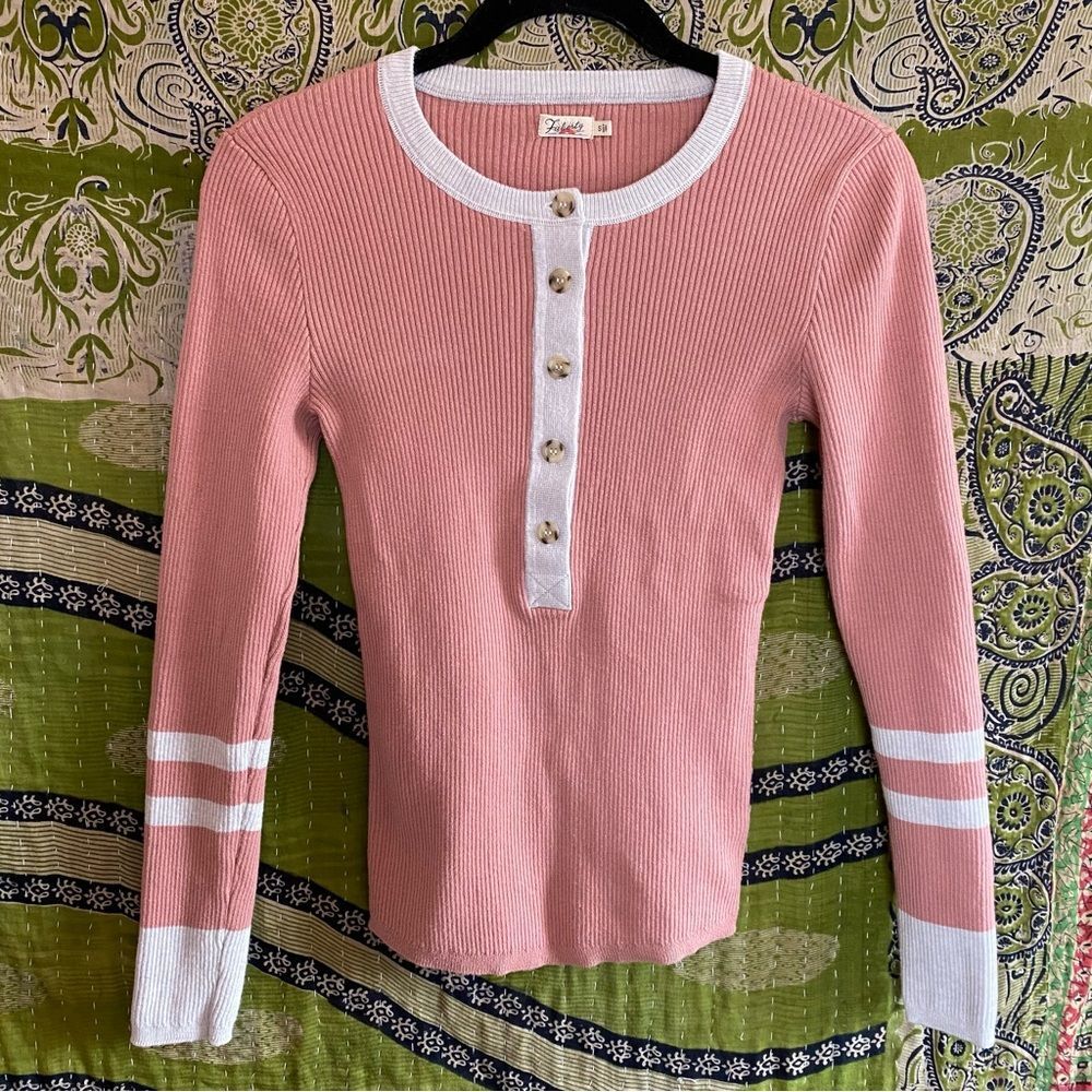Faherty Rose Pink Colorblock Mikki Cotton/ Cashmere Henley Sweater Size Small - Picture 2 of 15